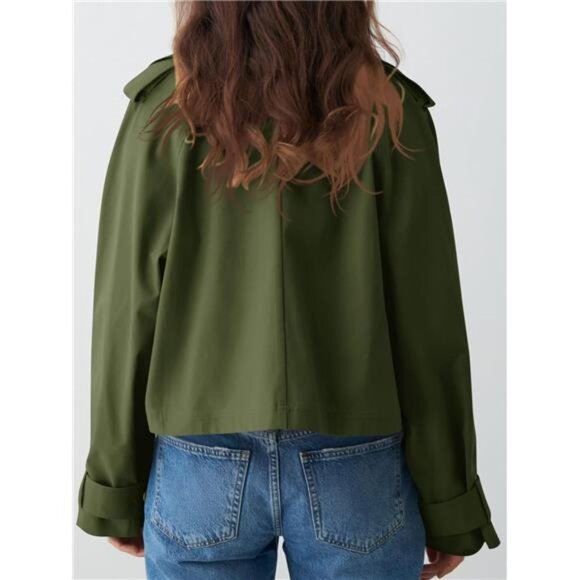 Womens Cropped Trench Coat Lapel Double Breasted Green - Picture 5 of 5